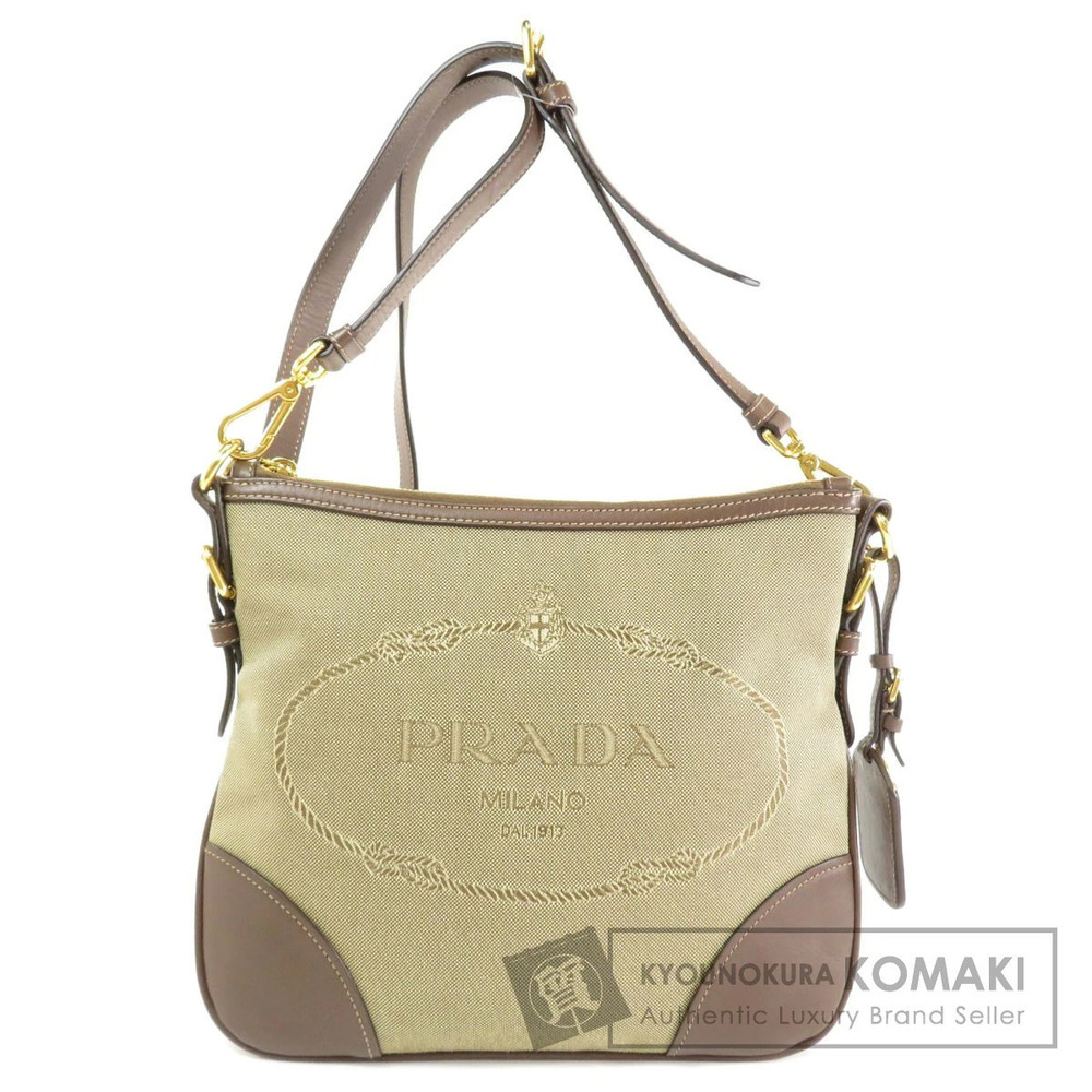 Prada Logo Jacquard Shoulder Bag beige canvas brown